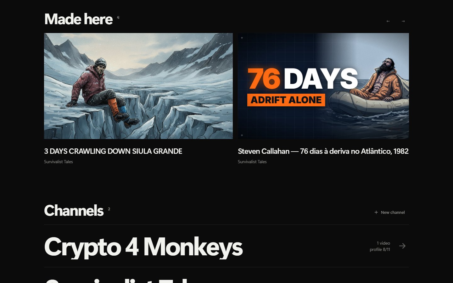 Arqo home: finished videos and channels